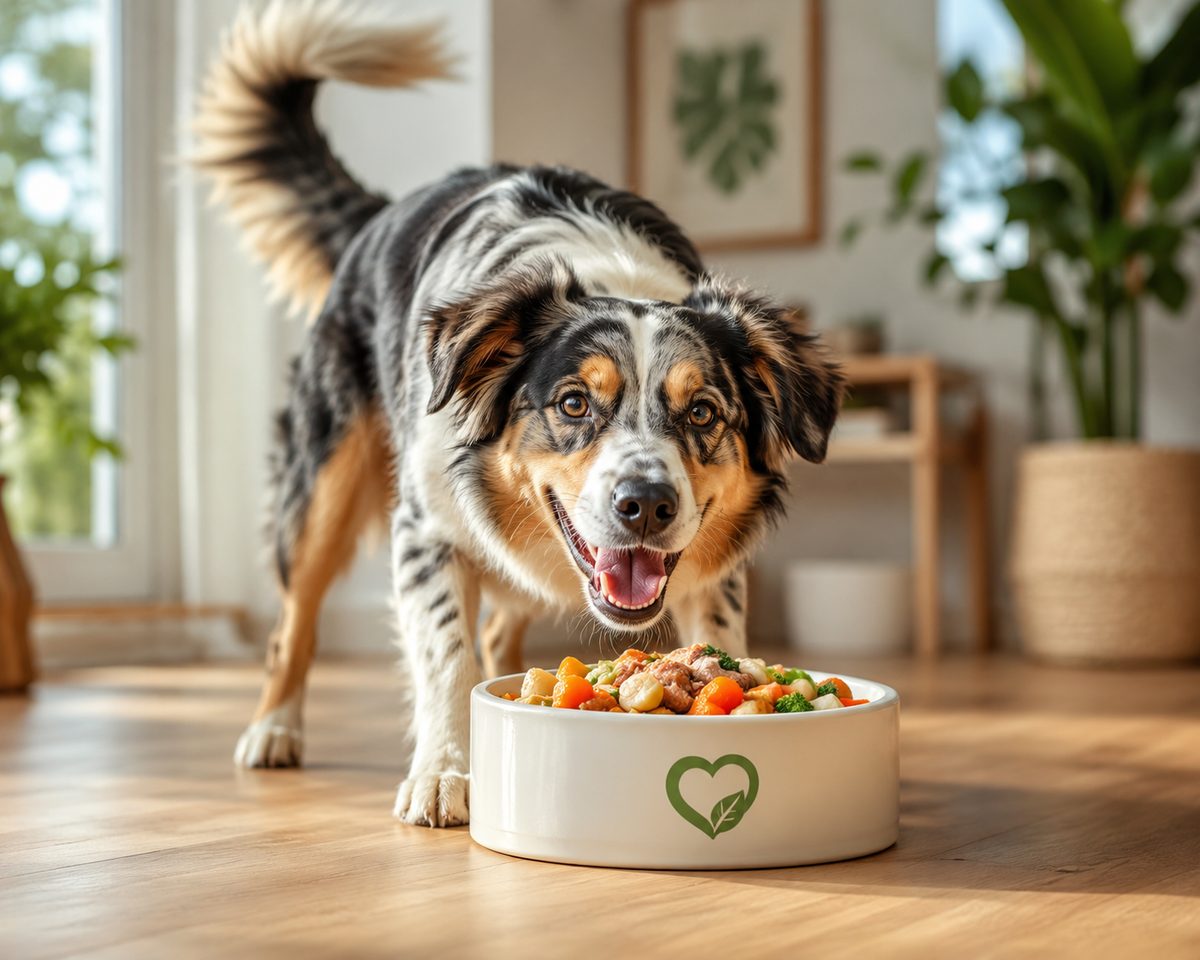 Happy Australian Shepherd eating a fresh-cooked Fresh Dog Kitchen meal from a bowl